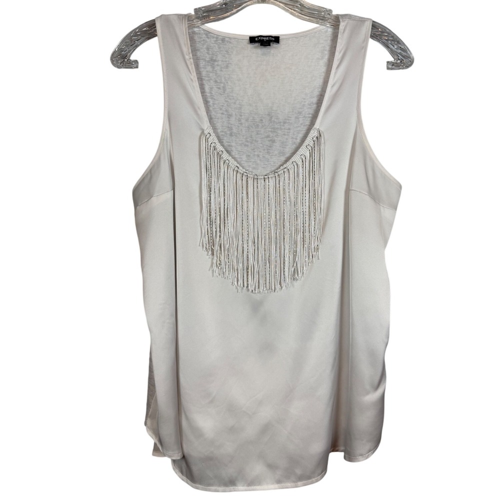 Express Ivory Fringe Bib Tank Top Womens Medium Sleeveless Mixed Media White